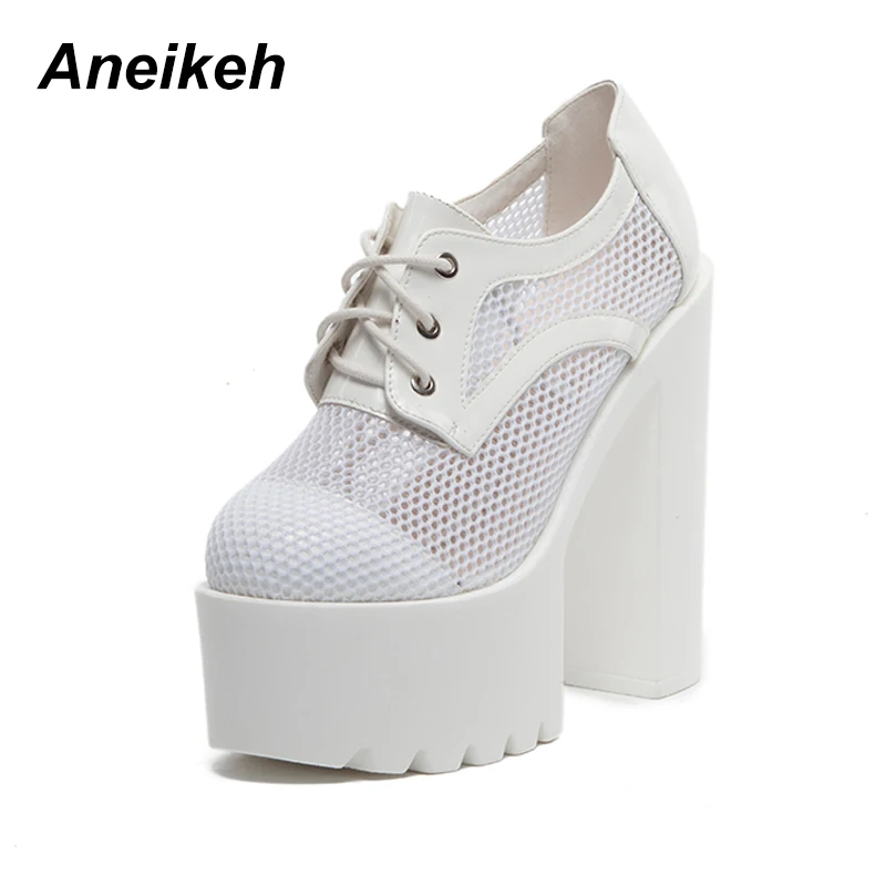 

Aneikeh 2019 Concise PU Mesh Women Ankle Boots Round Toe Square High Heels Sexy Platform Lace-Up Daily Party Black White Size 39
