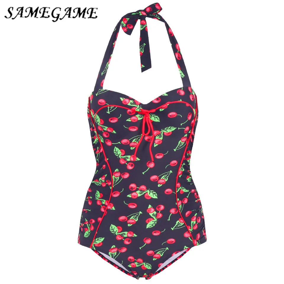 

SAMEGAME One Piece Swimsuit Plus Size Swimwear Women 2019 Summer Vintage Retro Push Up Swimwear Cherry Halter Bathing Suit