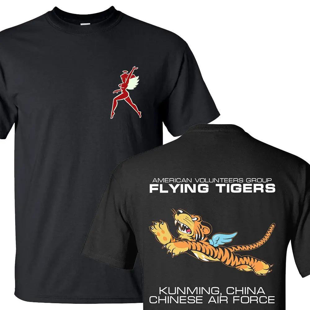 

2019 New 100% Cotton T-Shirts Men The Flying Tigers Chinese Air Force American Fighter Pilot BLACK T-SHIRTS S-3XL Casual Tee