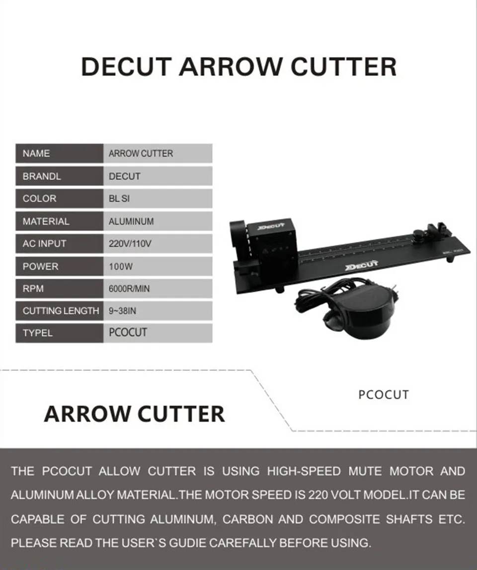 

Decut PCOCUT Arrow Cutter Adjustable Arrow Cutter High-Speed Mute Motor and Aluminum Alloy Material Archery Cuuter Accessory