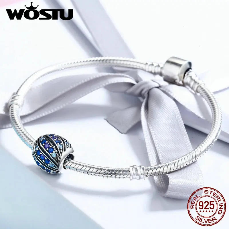 WOSTU 925 пробы Серебряный Павлин перо синий Шарм бисер Подходит для женщин браслет S925 Серебряные бусы ювелирные изделия DXC472