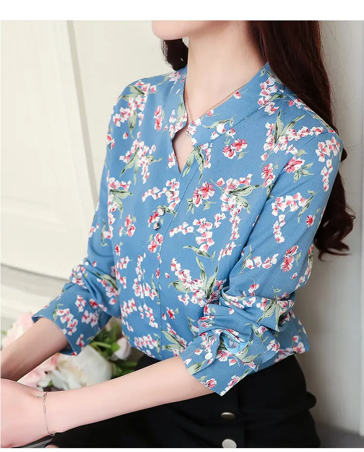 2019 New Autumn Chiffon Blouse Women Ladies Shirts Floral Print Blusas Mujer V-neck Long Sleeve Shirt Women Tops Plus Size (9)
