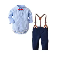 Модные комплекты одежды для маленьких мальчиков 9 м.-24 м., хлопковая футболка, боди и серые штаны с галстуком и ремнем, одежда для маленьких