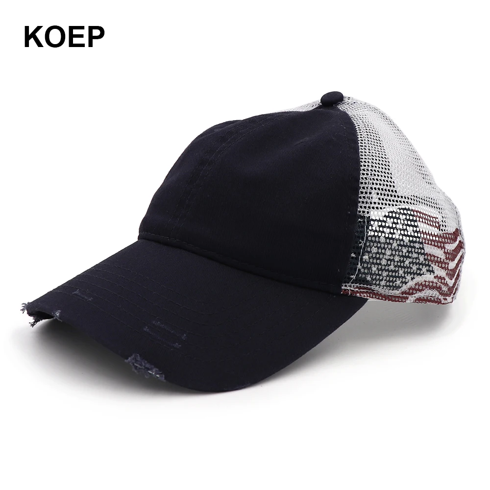 

KOEP High Quality Fashion Baseball Cap Snapback Mesh Back Caps Washed Cotton Hat Screen Printed American Flag