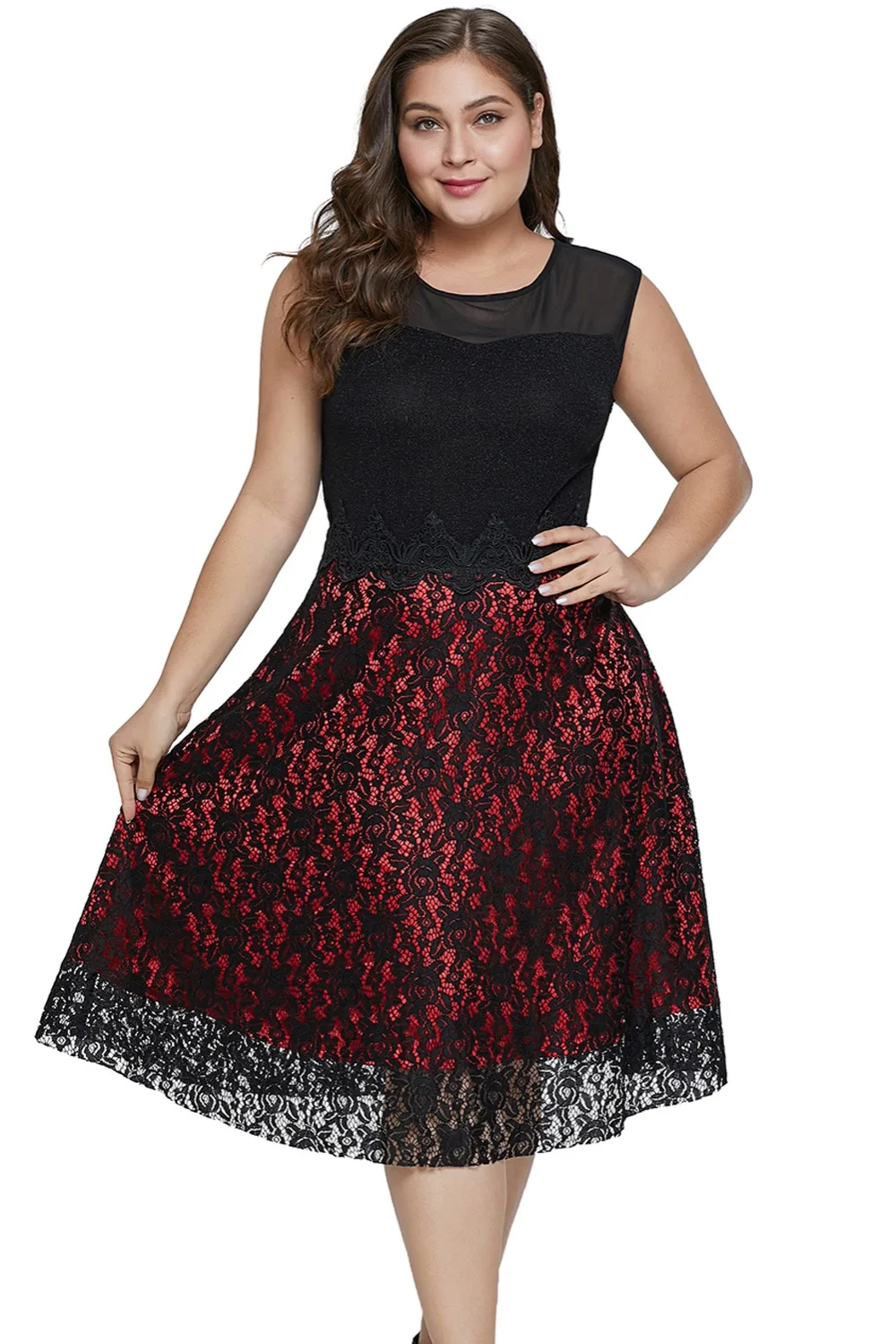Red-Sleeveless-Flared-Lace-Plus-Size-Dress-LC220522-3-1