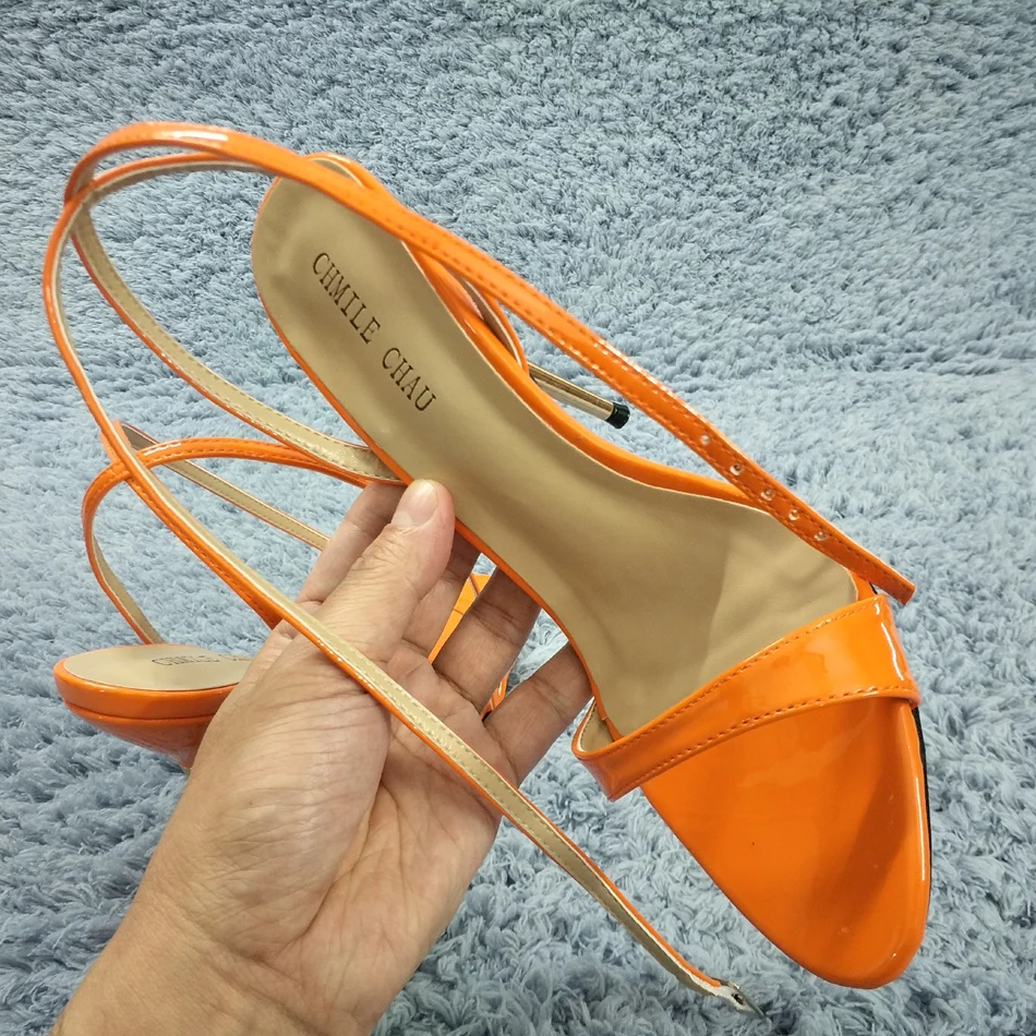 Женские босоножки на тонком металлическом высоком каблуке-шпильке; пикантные туфли с ремешком на щиколотке и пряжкой; оранжевые вечерние туфли из лакированной кожи с открытым носком для невесты; 3845-i11