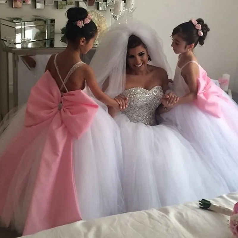White-Sapghetti-Straps-Criss-Cross-Lace-Tulle-Ball-Gown-With-Light-Pink-Bow-Flower-Girl-Dresses