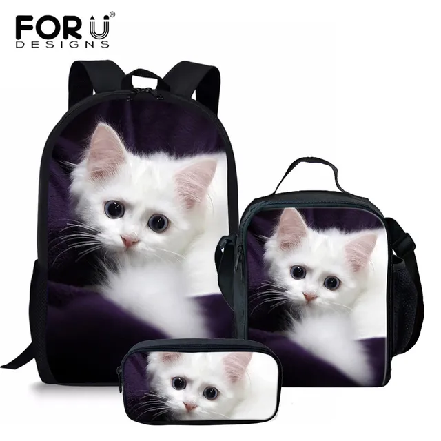 FORUDESIGNS 3pcs/set Adorable Kitten Cat School Backpack for Girls Orthopedic Satchel Schoolbag In Primary Students Notebook Bag