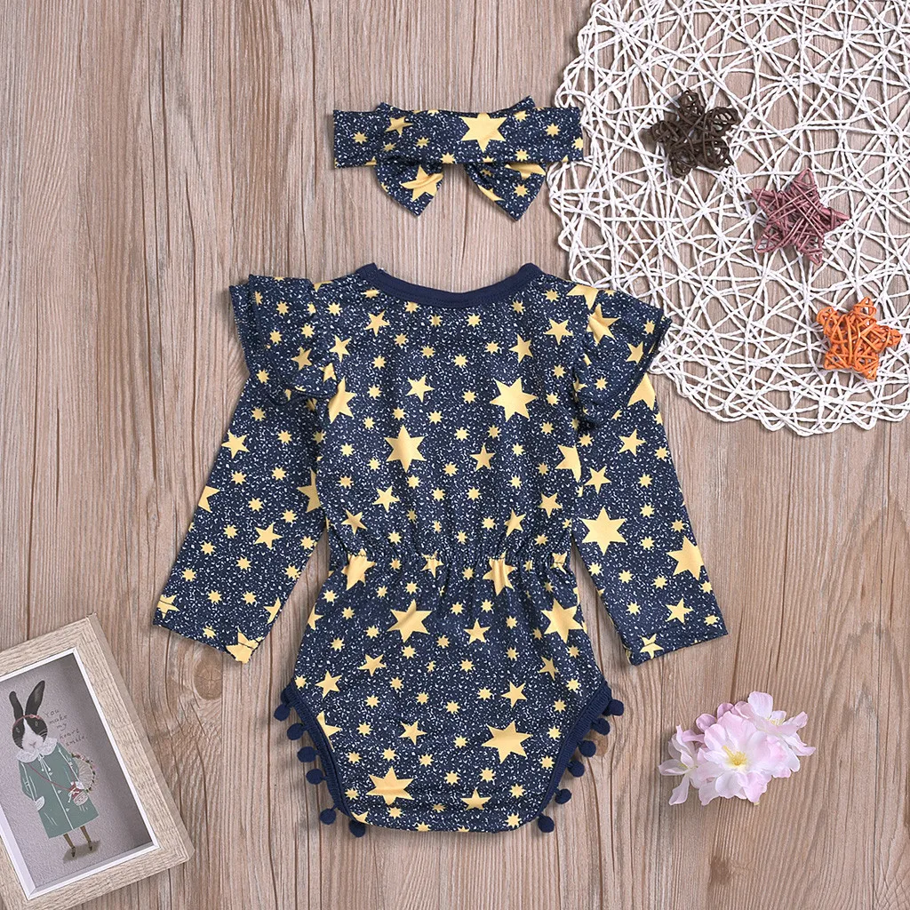 Newborn Infant Baby Girls Tassel Bodysuits Long Sleeve Star Print Baby Bodysuit+Headband Baby Girl Body Suit Onesie Babe Outfit