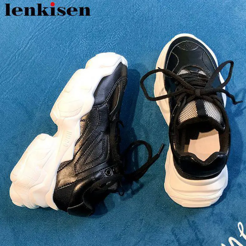 

Lenkisen black white natural leather lace up thick bottom platform round toe sneaker concise style big size vulcanized shoes L30