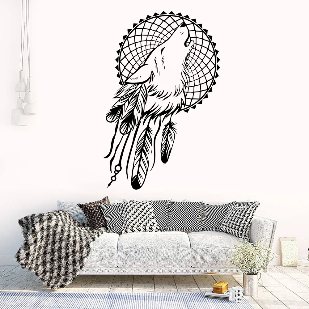 Wolf Dream Catcher Wall Decal Boho Style Wall Mural Headboard Art