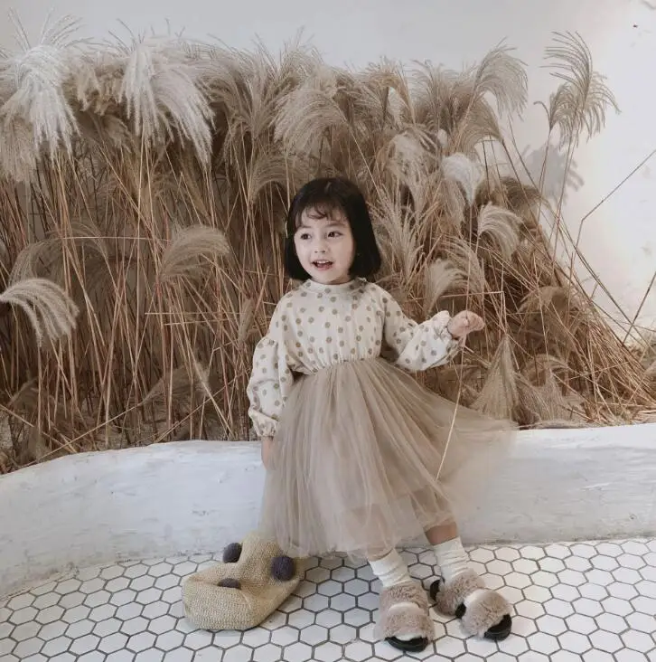 Коллекция года, платье в Корейском стиле в горошек для девочек модное осеннее Хлопковое платье с вуалью для девочек 1-6 лет, PX168