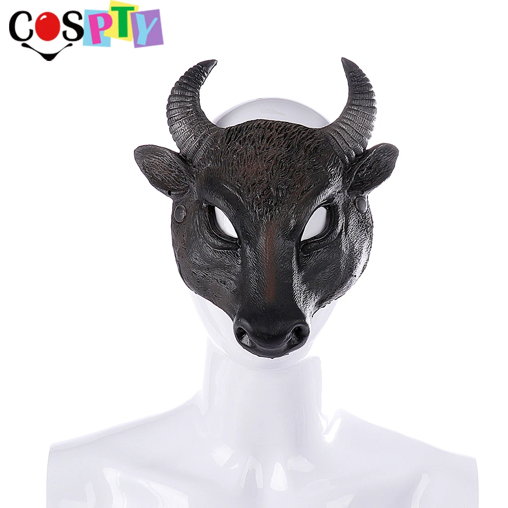 

Cospty Halloween Carnival Party Black Buffalo Face Cosplay with OX Horn Realistic Animal Mask