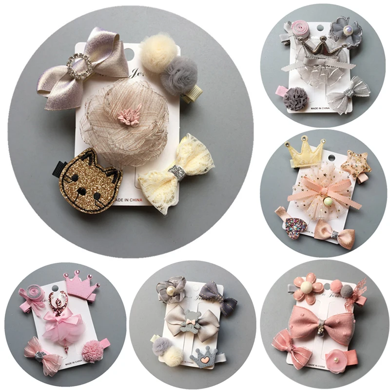 

5Pcs/Set Bowknot Baby Hair Clips Bows Crown Hairpins Children Kids Barrettes Headwear Baby Girl Hair Accessories haarspeldjes