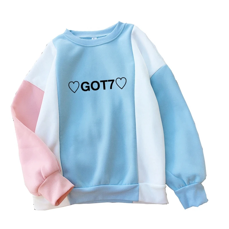 Мода Harajuku БЦ GOT7 сердца милые толстовки K поп одежда Kawaii розовый синий лоскутные кофты Для женщин пуловеры топы