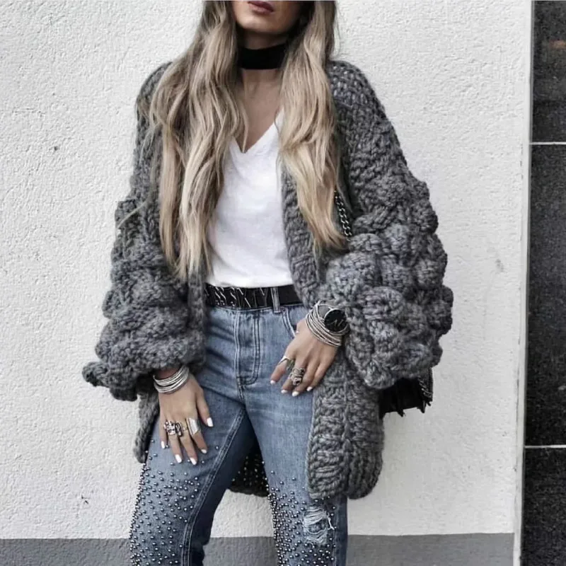 Online Otoño grueso lana gancho suéter tejido a mano cárdigan cuello en V suelta lana tejida linterna manga chaqueta Open Stitch Tops