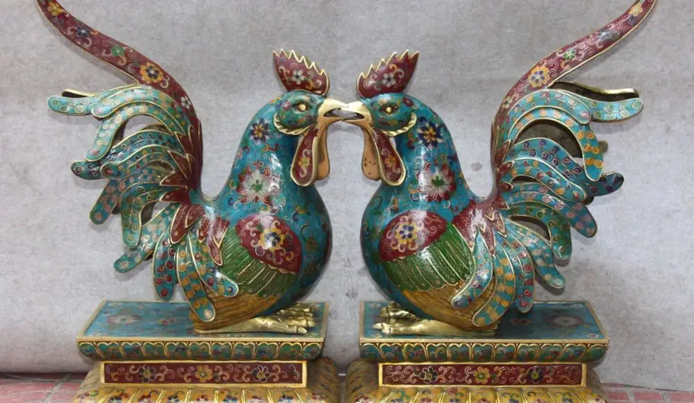 

20" Chinese Cloisonne Enamel Gilt Zodiac Year Chicken Rooster Cock Chickens Pair