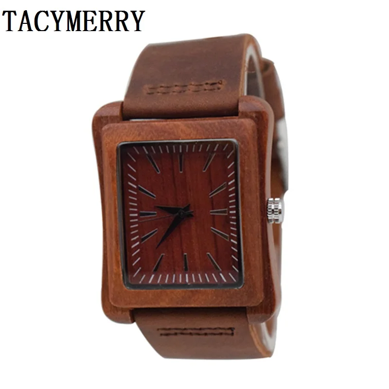 

2019 Newest Irregular Shape Red Wooden Watch For Men Or Women Fashion Genunie Leather Wristwatch