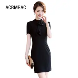 Женское платье тонкое летнее Полосатое с коротким рукавом стоячий воротник бизнес формальное платье OL женское F7668