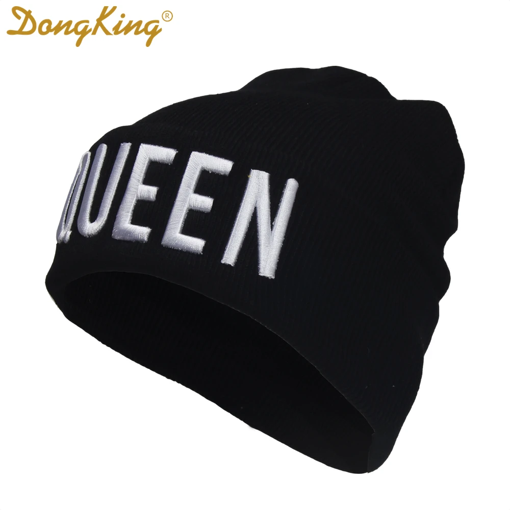 

DongKing KING QUEEN 3D Embroidery Beanies Top Quality Acrylic Knitted Hats Couple Slouchy Hat Men Women Winter Outdoors Gift