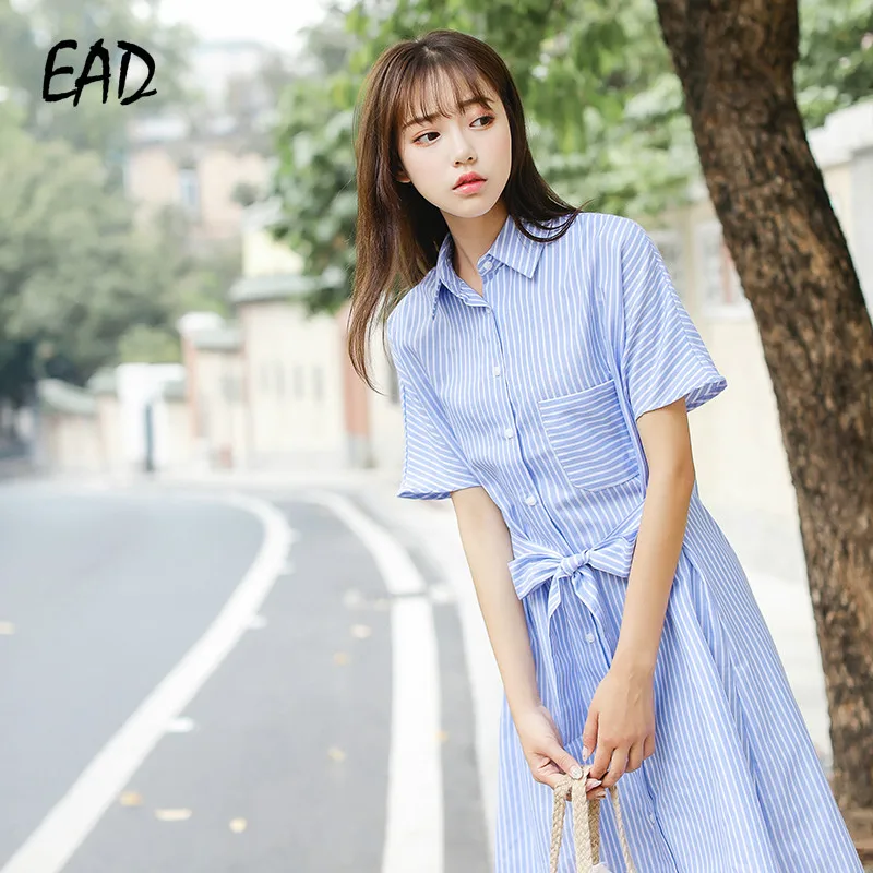

EAD Office Lady Casual Short Sleeve Dress Shirt for Women Summer Turn Down Collar Sashes Sundress Vintage Stripe Cotton Vestido