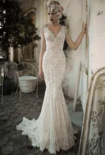 Sexy Beautiful Low Back Fishtail V Neck Sweep Train Lihi Hod Bridal 2014 Ivory Lace Wedding Gowns With Beadings MF408