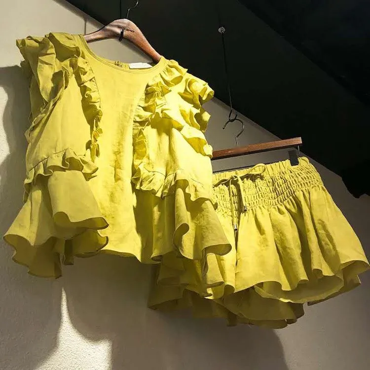 

2019 Women Ruffles Sleeveless 2 Pieces Set Summer T Shirt Elastic Skirt Shorts Sets Ladies Outfits Loose Tracksuits