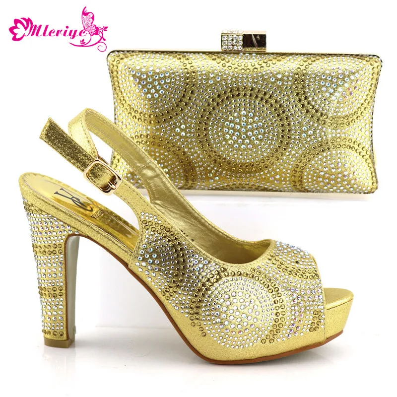 Latest Design Italian Ladies Shoes and Bags To Match Set golden with Rhinestone African Wedding Italian Shoes and Bag Sets