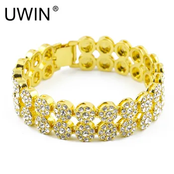 

UWIN Men's Gold Color Fashion Bracelet Chain 8" Iced out Bling Rhinestone 1 Row Round Hip Hop Link Bracelet Fashion Jewelry