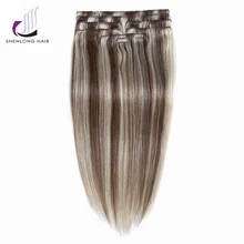 SHENLONG HAIR 100% Human Remy Straight Hair Weaving #P27/613 9pcs/set Mixed color Peruvian Clip In Hair Extensions Cheveux