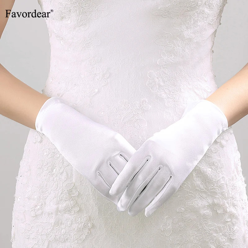 Favordear длина запястья палец Свадебные перчатки для невесты белый слоновой кости красный черный короткий атласный Свадебные перчатки Свадебные аксессуары