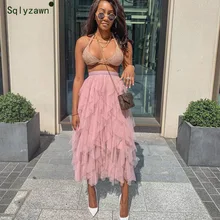 Шикарная Асимметричная сетчатая юбка женская весна осень новая многослойная розовая юбка-пачка пышная плиссированная длинная Тюлевая юбка женская