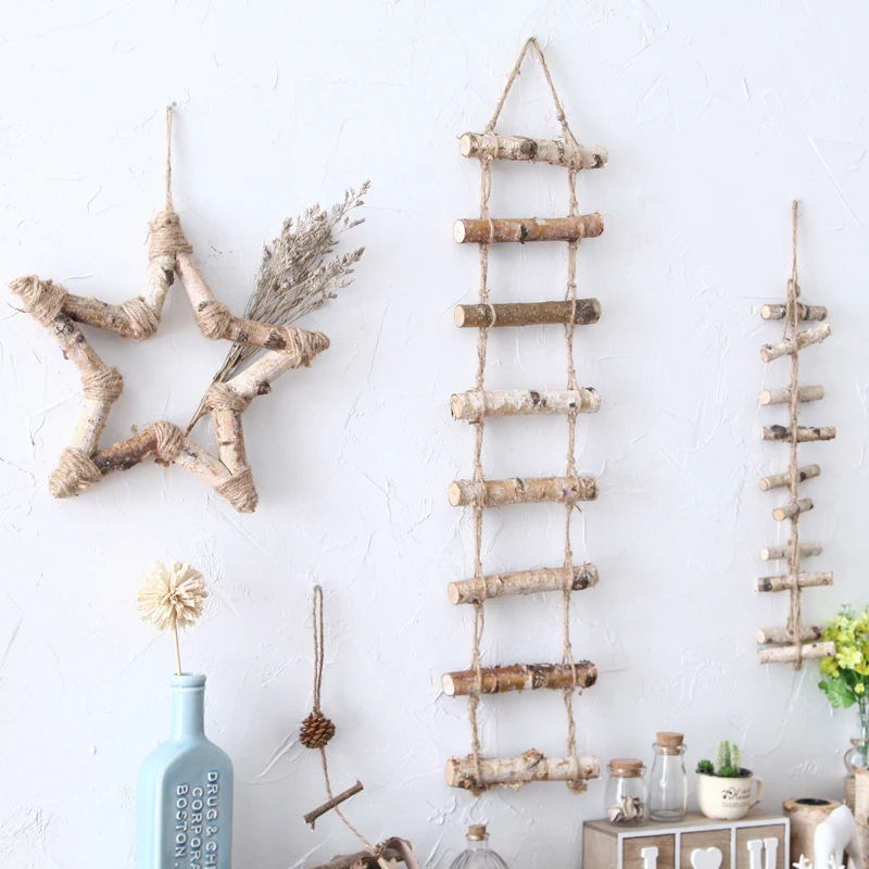

Vintage Wooden Rope Stairs Hanging Wall Pendant Creative Ornaments Pastoral Home Furnishing Wall Decoration Wall