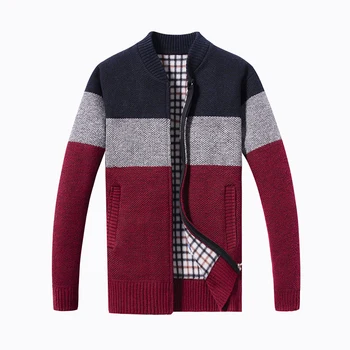 

2019 Autumn New Men's Thick Sweatercoat Striped Stand Collar Zipper Sweater coat Outerwear Winter Fleece Cashmere Liner Sweaters