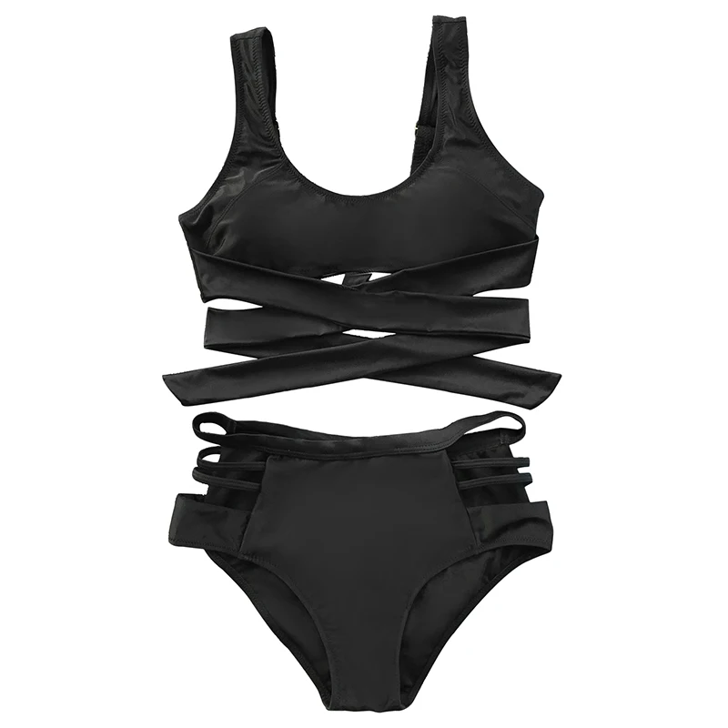 Cupshe Miss Me High waisted Bikini Set Black Push Up Cross Swimsuit ...