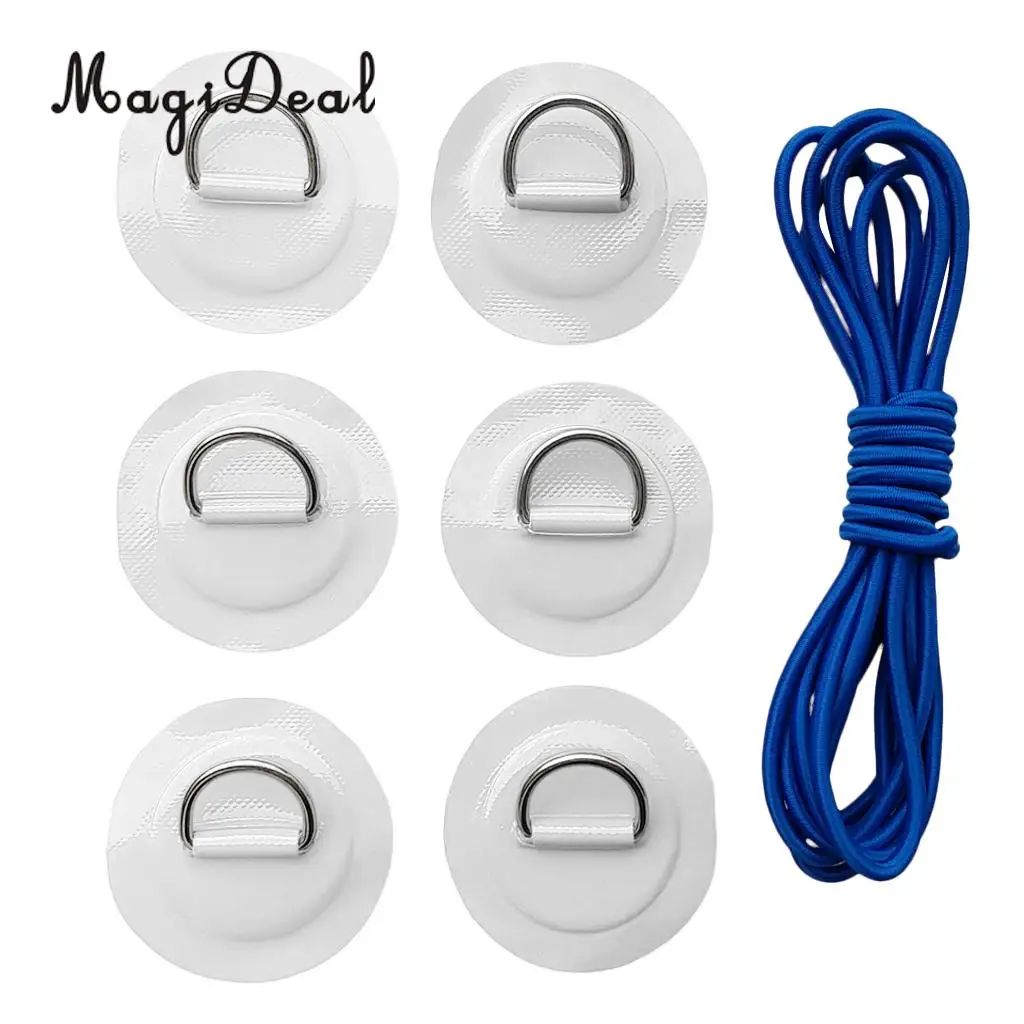 Pack 6 Stainless Steel D-Ring Patch/Pad & 5mm x 5m Elastic Shock Cord Rope for PVC Inflatable Boat Kayak Raft Dinghy - 6 Colors