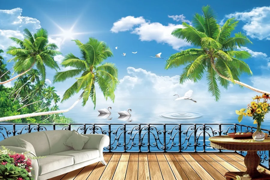 

Laeacco Photography Backdrops Tropical Palm Tree Platform Sofa Sea Blue Sky Cloudy Photo Backgrounds Photocall For Photo Studio