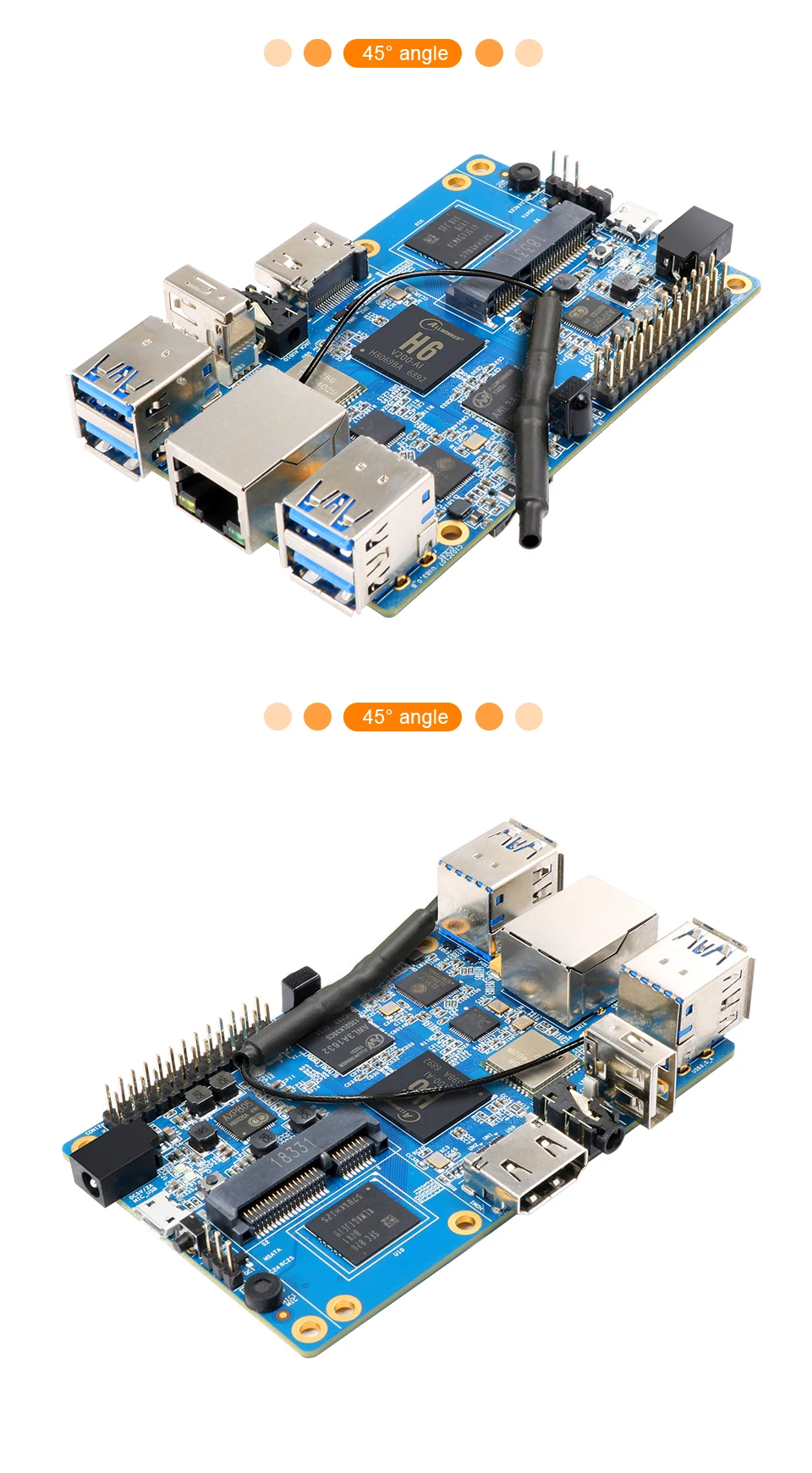 Оранжевый Pi 3 H6 2 Гб LPDDR3+ 8 Гб EMMC Flash Gigabyte Ethernet порт AP6256 WIFI BT5.0 4* USB3.0 Поддержка Android 7,0, Ubuntu, Debian