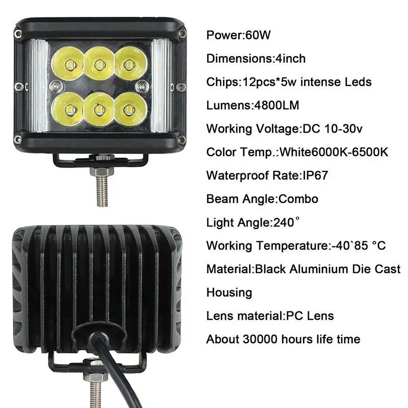 New LED Light Bar  4inch 60W Full Reflector Side Luminate Led Work Light SPOT FLOOD COMBO Driving Lamp For Jeep Offroad Off-road Truck Car ATV SUV Boat 4WD ATV Auxiliary driving light (2)