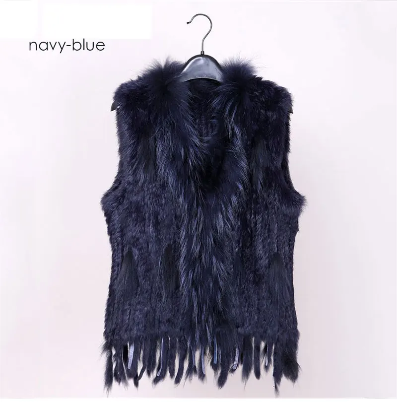 

colors Women Genuine Knitted Rabbit Fur Vests with tassels Raccoon Fur Trimming Waistcoat wholesale drop shipping