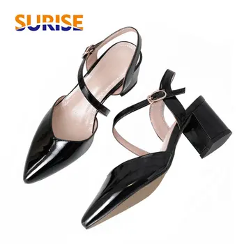 

Women Sandals Pointed Toe High Block Heel Patent Leather Black White Pink Wedding Party Office Lady Cross Strap Summer Slingback