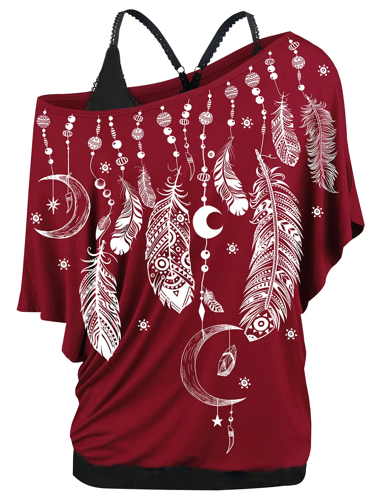 Wipalo размера плюс косой шеи перо печати футболки и Cami Топ Твинсет Топ Набор Лето новые женские футболки топы большой размер s - Цвет: Red Wine