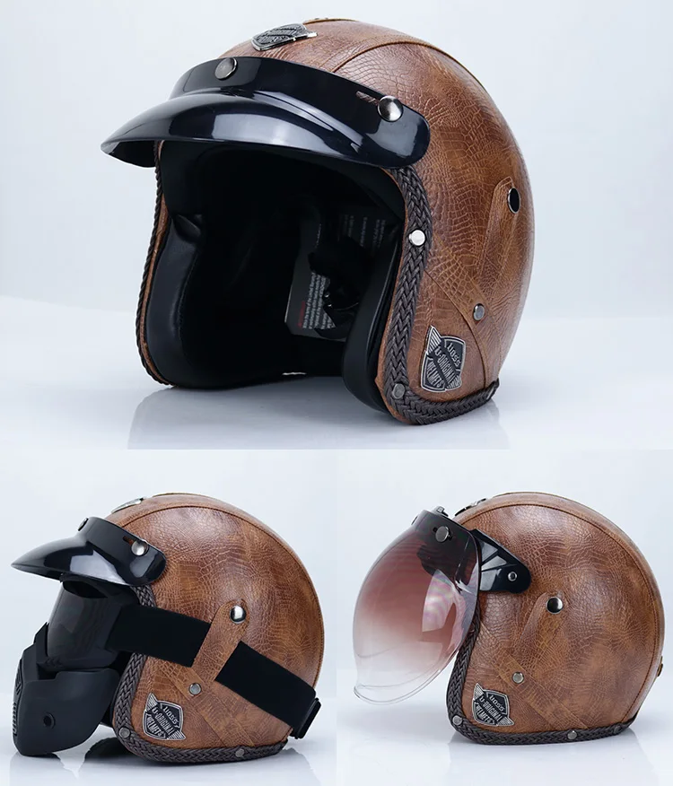 Мотоциклетный шлем Ретро винтажный синтетический кожаный Открытый шлем мотоциклетный скутер круизер Чоппер КАСКО Мото шлем точка