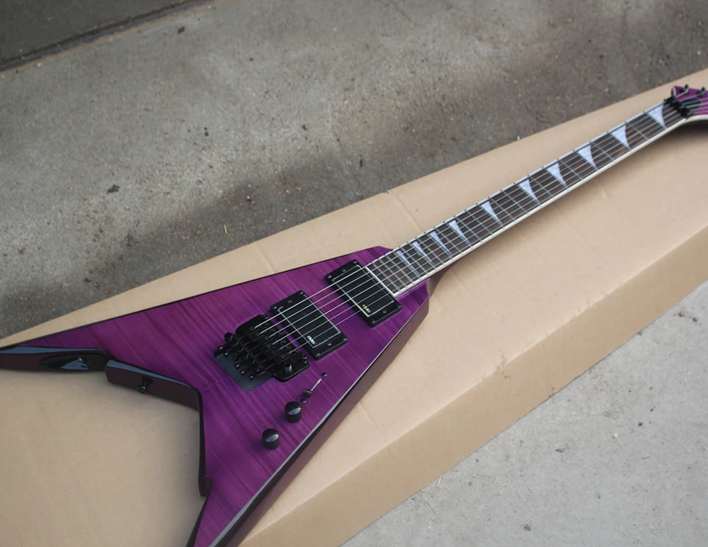 

Purple Flying V Electric Guitar with EMG Pickups,Rosewood Fingerboard,Flame Maple Veneer,Tremolo,offering customized services