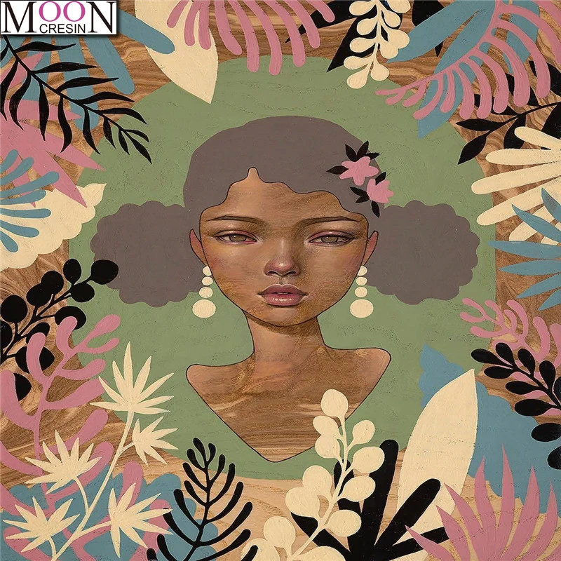 

MOONCRESIN DIY Diamond Painting Cross Stitch Girl Leaves Diamond Embroider Full Square Drill Mosaic Decoration Animal Needlework