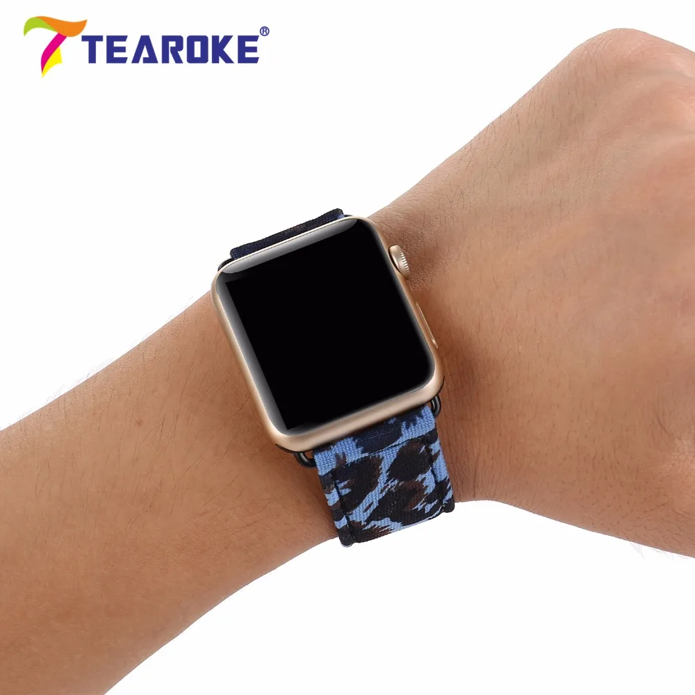 Tearoke Прохладный Leopard живопись нейлон кожаный ремешок для Apple Watch 38 мм 42 мм стильный Для женщин Для мужчин замена ремешок для iwatch