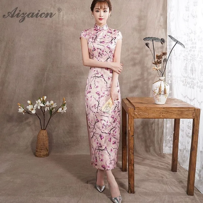 Современные розовые Чонсам с цветами Длинные платья Qi Pao для женщин в восточном стиле аналогичное шелковое винтажное платье китайское