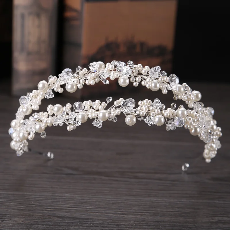

FORSEVEN Women Double Round Pearl Crystal Headbands Crown Flower Tiara Princess Bridal Party Wedding Hair Jewelry Ornaments