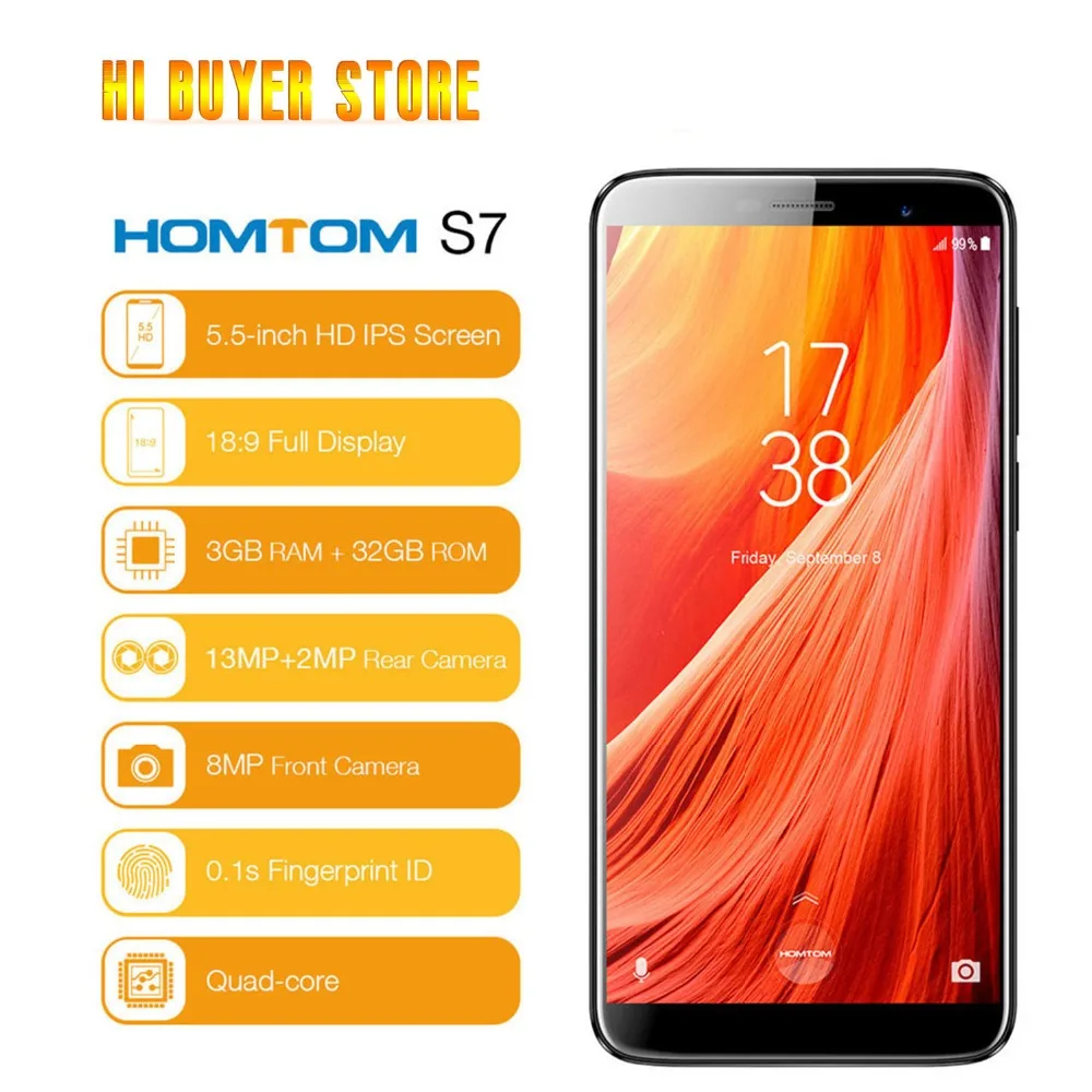 HOMTOM S7 смартфон соотношением сторон 18:9 3 gb + 32g Mtk6737 Ouad Core 5,5 "отпечатков пальцев 2900 mah Dual сзади Камера 13mp + 8mp мобильного телефона