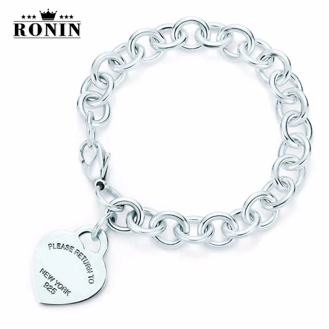 

RONIN 100% Sterling Silver High Quality 1:1 Fashion Charm Have Logo TIFF Heart Tag Pendant Bracelet Women Jewelry Free Mail